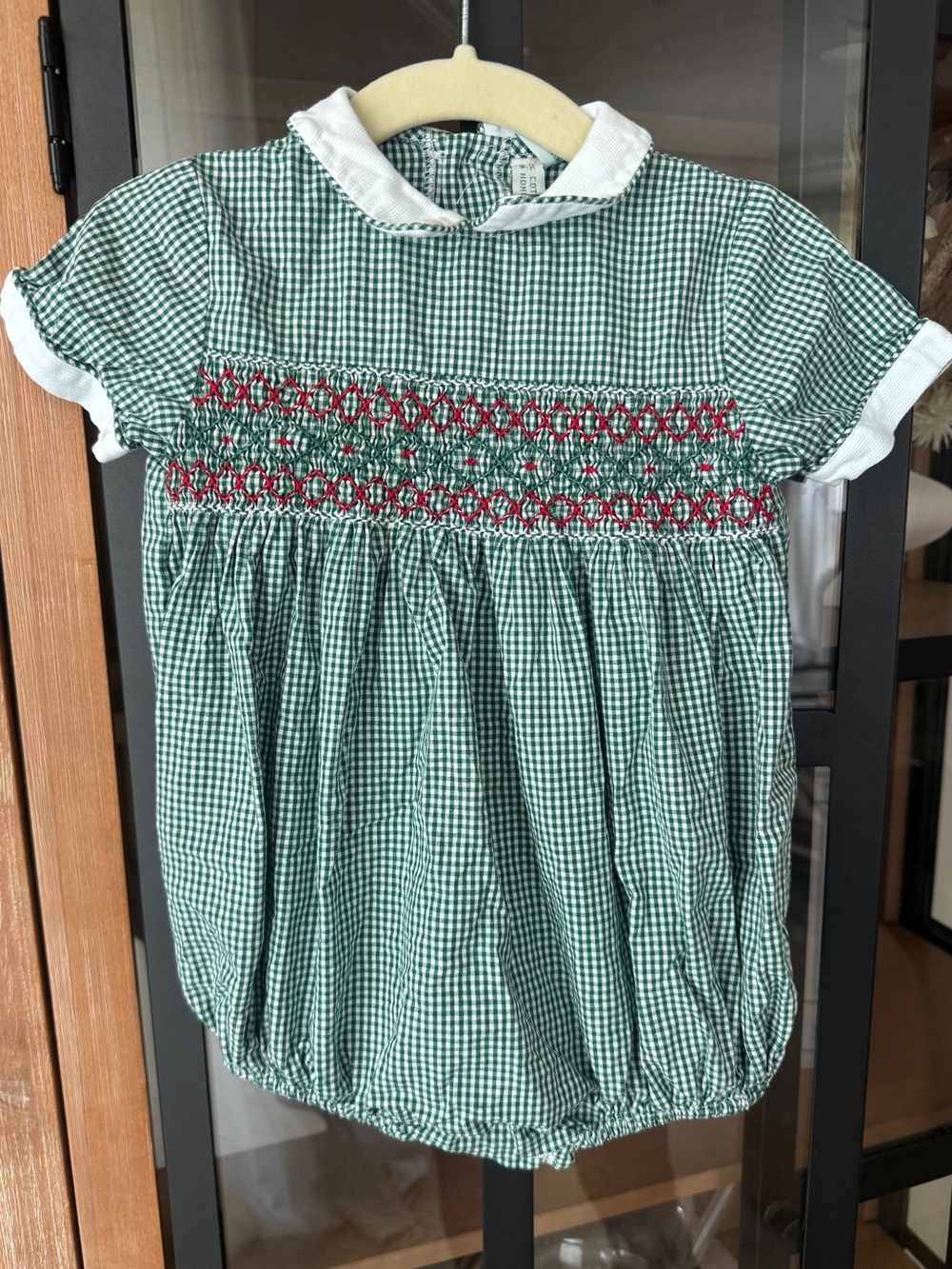 Vintage heirloom smocked bubble romper collar gingham Christmas baby boy short